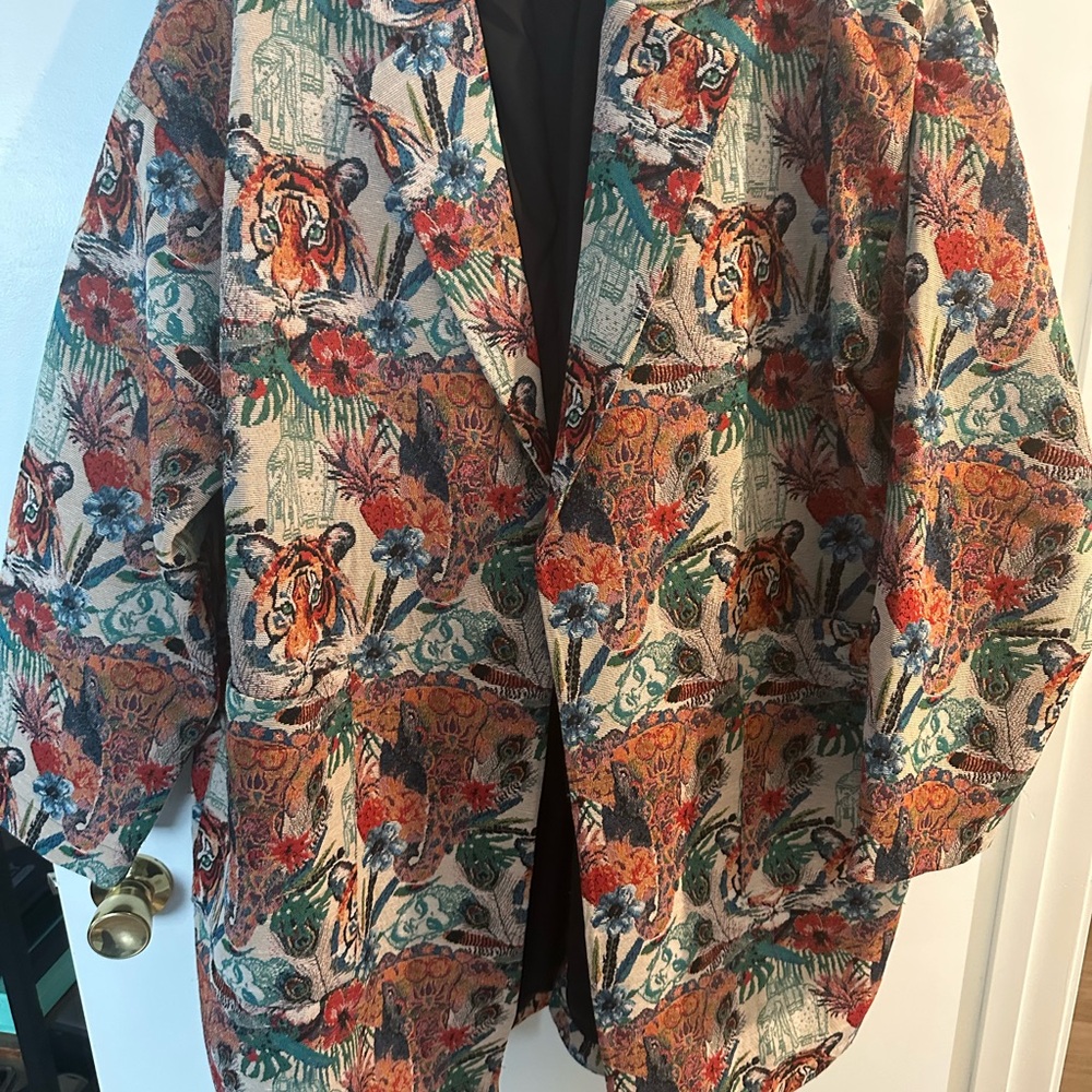 Vibrant Red and Orange Blazer with Artistic Tiger Motif